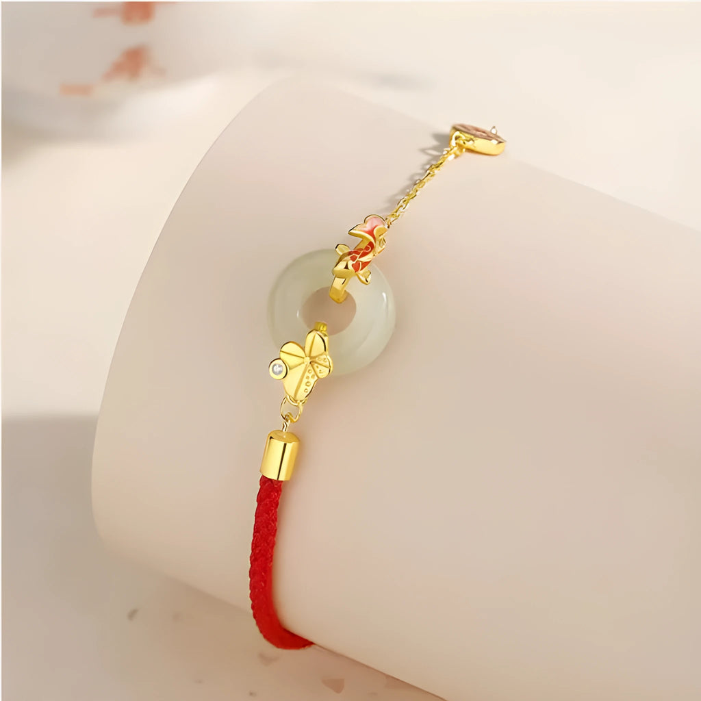 Koi Peace Buckle Hetian Jade Red Rope Bracelet, 925 silver, gold electroplated, retro women's bracelet