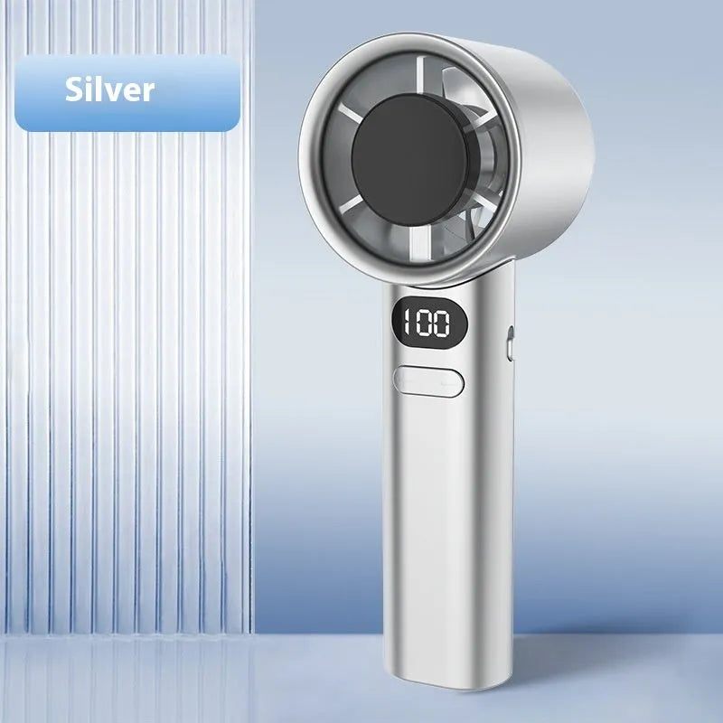 Compact white handheld USB fan with 6 plastic blades on a stand.