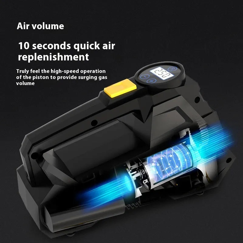 Black portable electric tyre inflator with digital display and LED light