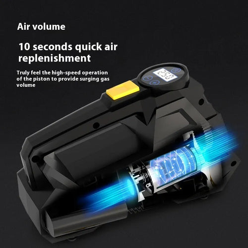 Black portable electric tyre inflator with digital display and LED light
