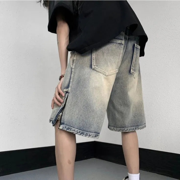 Blue retro tattered wide leg denim shorts for summer, cotton fabric, S-3XL