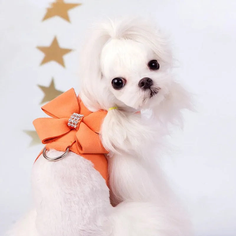 Adjustable puppy chest strap with bowknot decoration in microfiber fabric