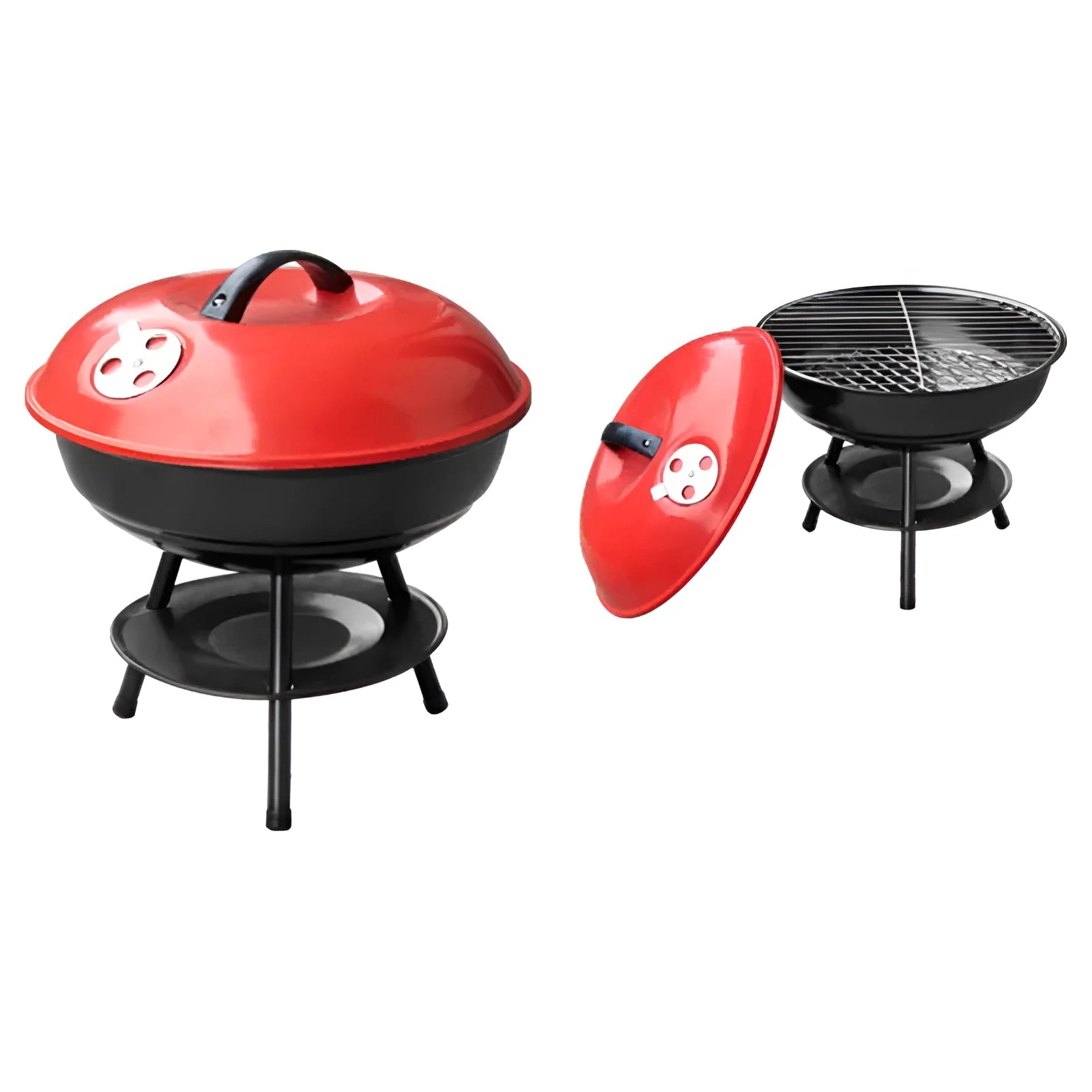 Spherical BBQ stove in black red with two baking nets and damper, expanded size 35.5x37cm