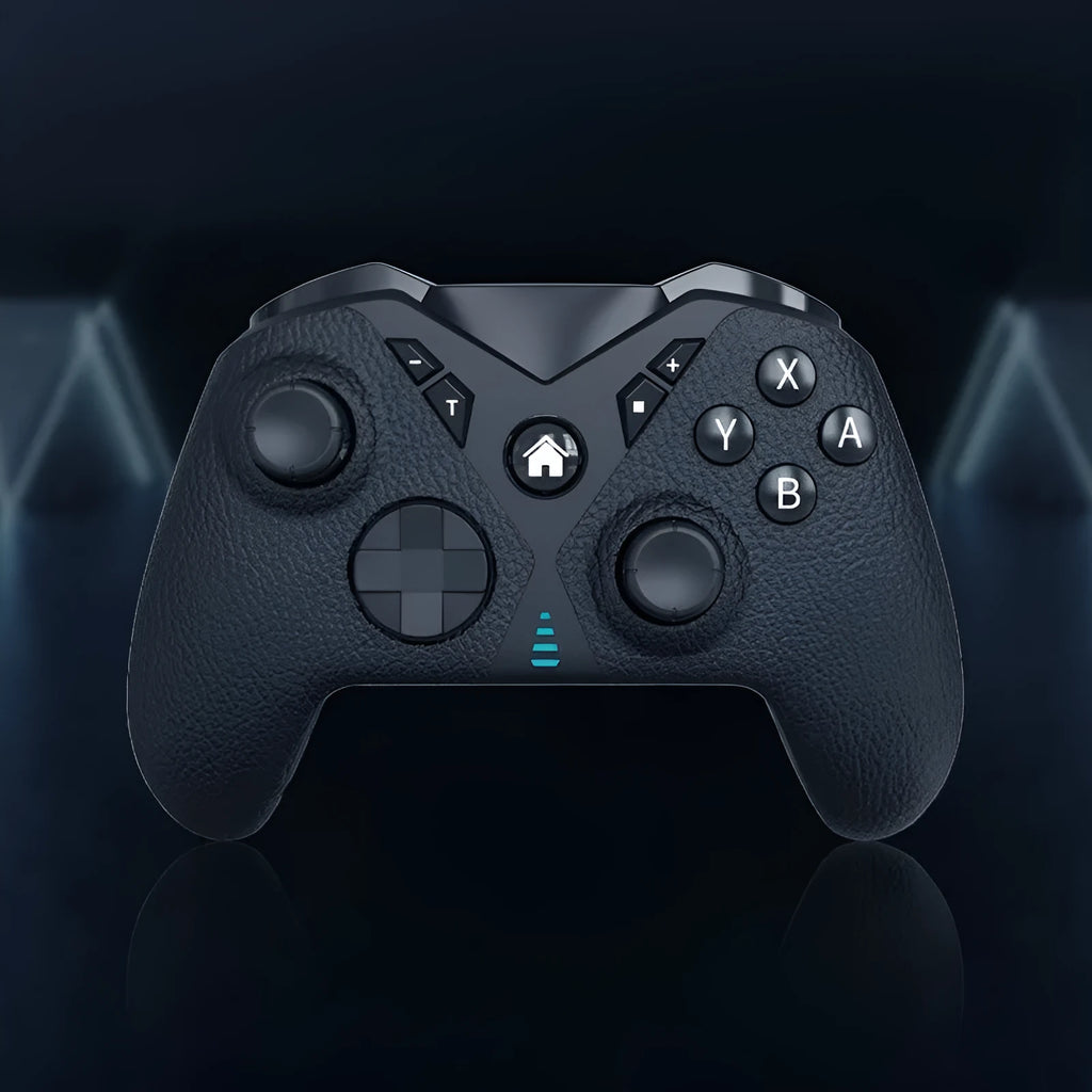 Black wireless Nintendo Switch game controller with leather-texture grips on a grey background.