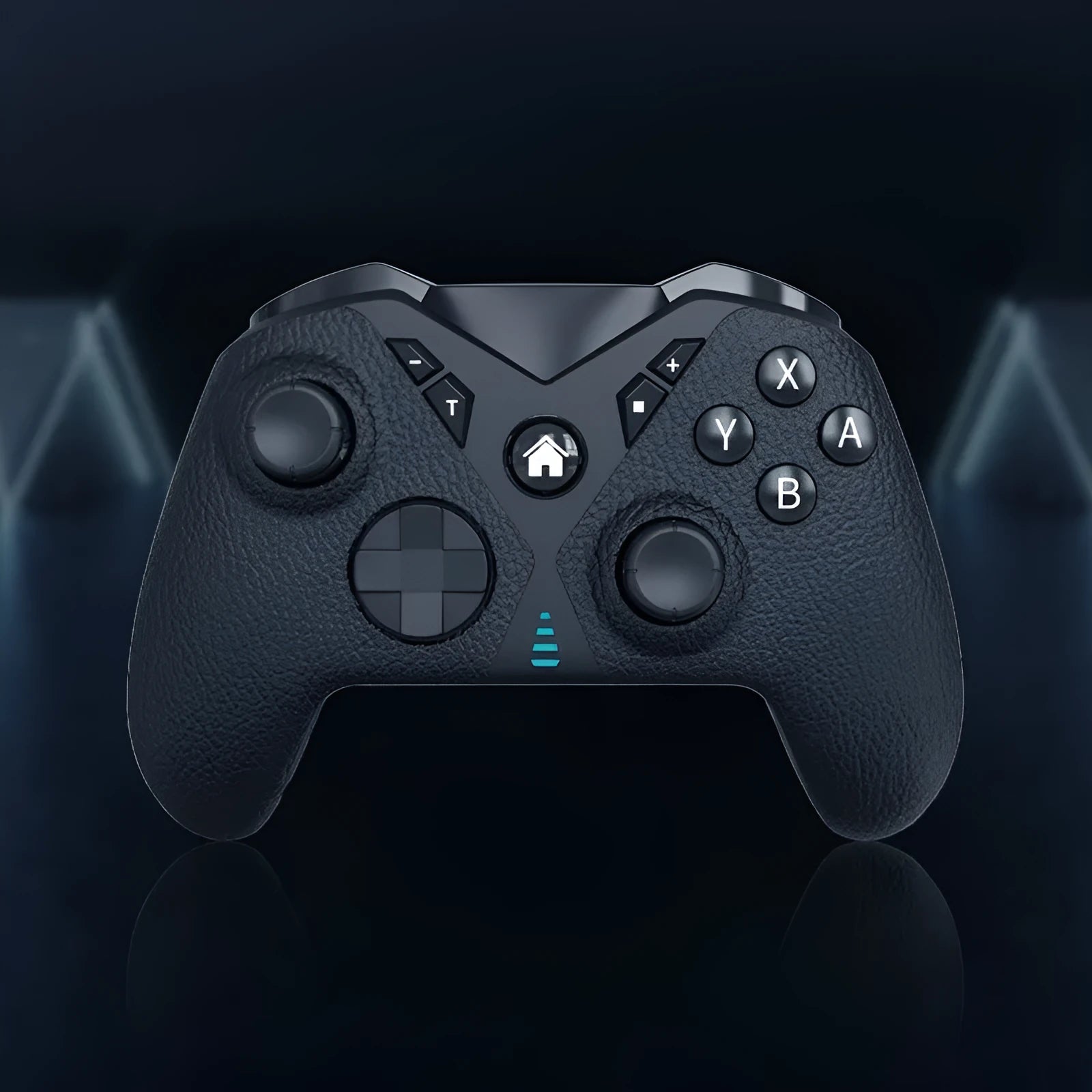 Black wireless Nintendo Switch game controller with leather-texture grips on a grey background.