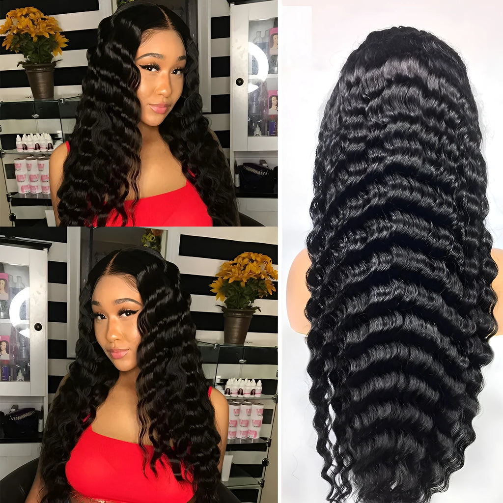 Deep wave human hair lace frontal wig in black, machine made, 14 inches long, with straight bangs