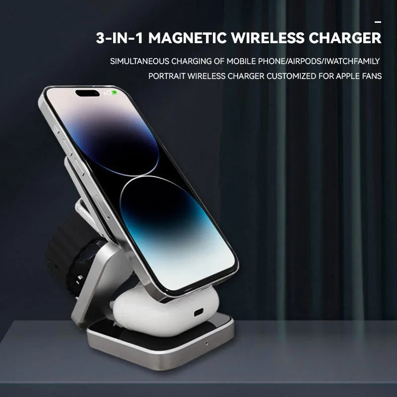 Three-in-one foldable desktop wireless charging bracket for Apple, Samsung, and Google Pixel Watch with magnetic induction ring