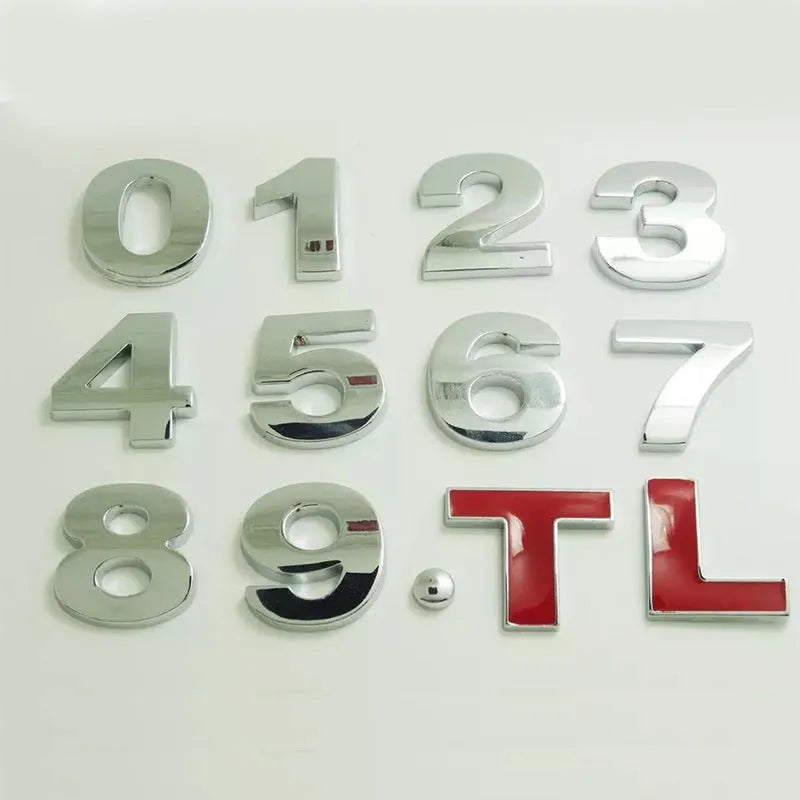 3D metal car bumper sticker showing dimensional English letter on car surface