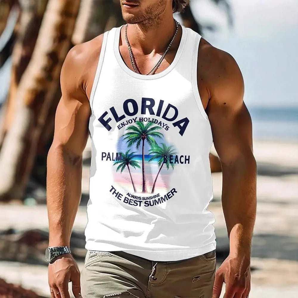 3D printed men's Hawaiian style sleeveless vest tank top in solid colour polyester pinhole cloth