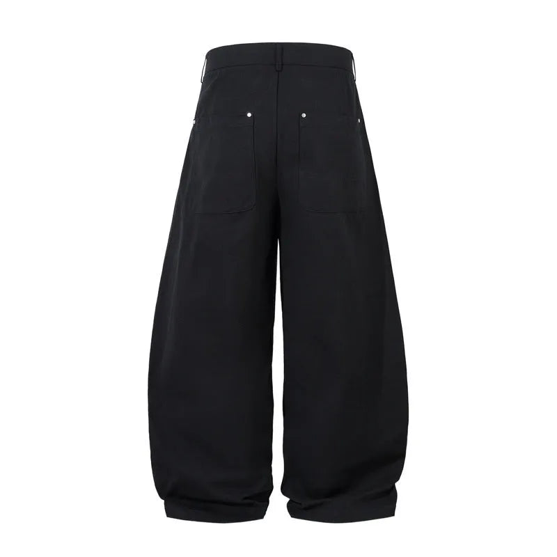 Men's pleated machete casual trousers in black, loose-fitting wide-leg cotton pants with mid waist