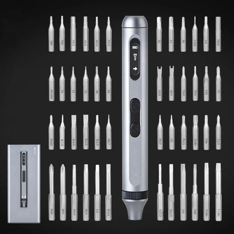 Compact aluminium alloy precision electric screwdriver on a workbench.