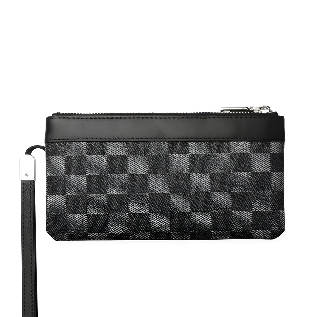Men's black genuine cowhide leather clutch wallet showing front view, 20cm by 10cm in size.