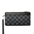 Men's black genuine cowhide leather clutch wallet showing front view, 20cm by 10cm in size.
