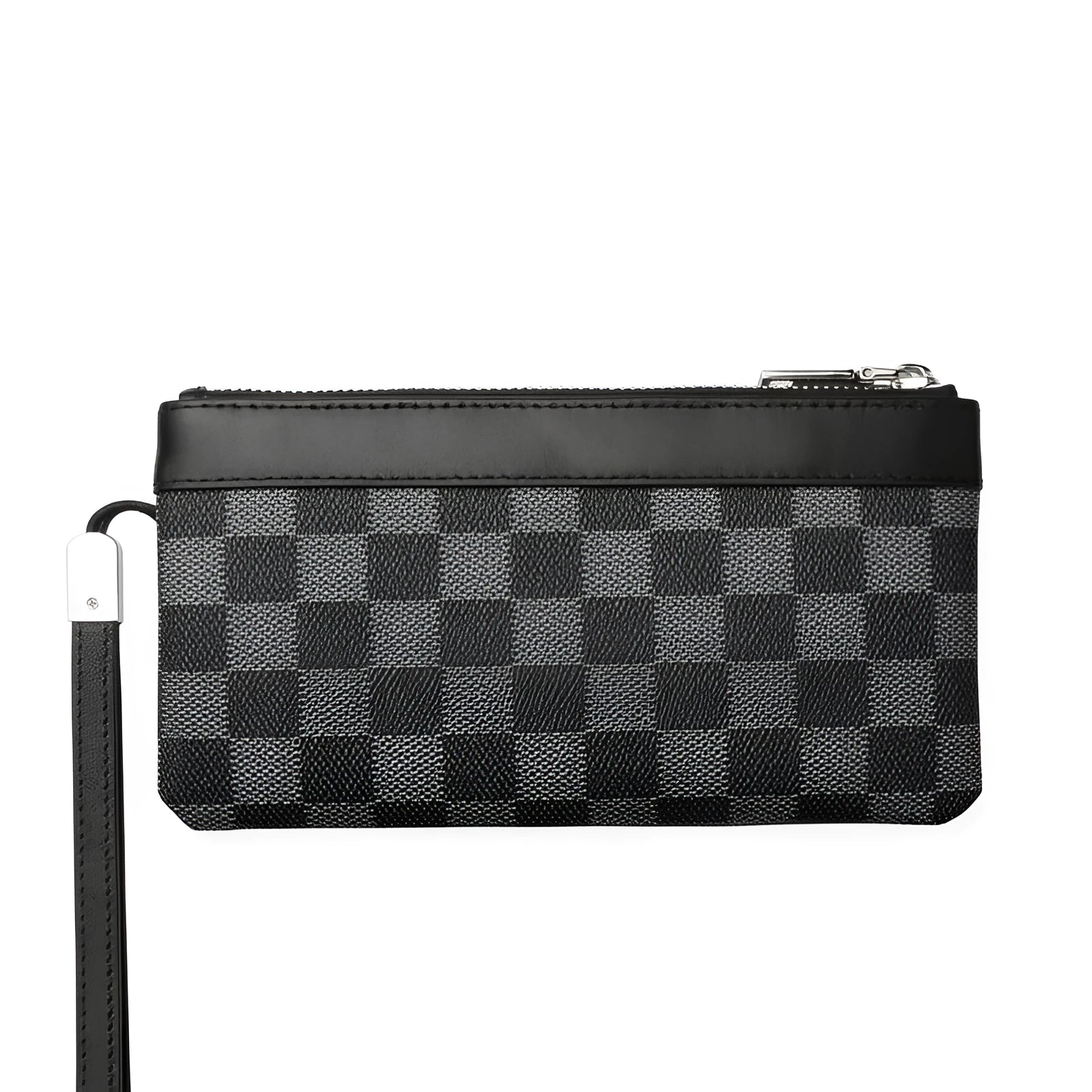 Men's black genuine cowhide leather clutch wallet showing front view, 20cm by 10cm in size.