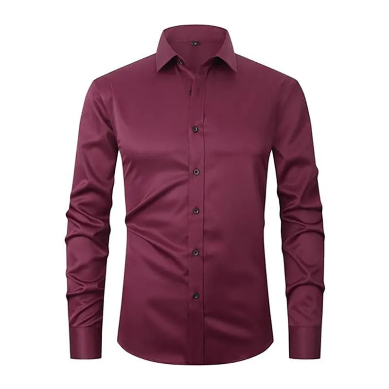 Men's stretch long sleeve work shirt in polyester on a hanger