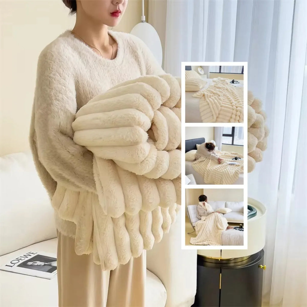 Soft Wind double-sided thickening bubble velvet blanket in a solid colour on a couch.