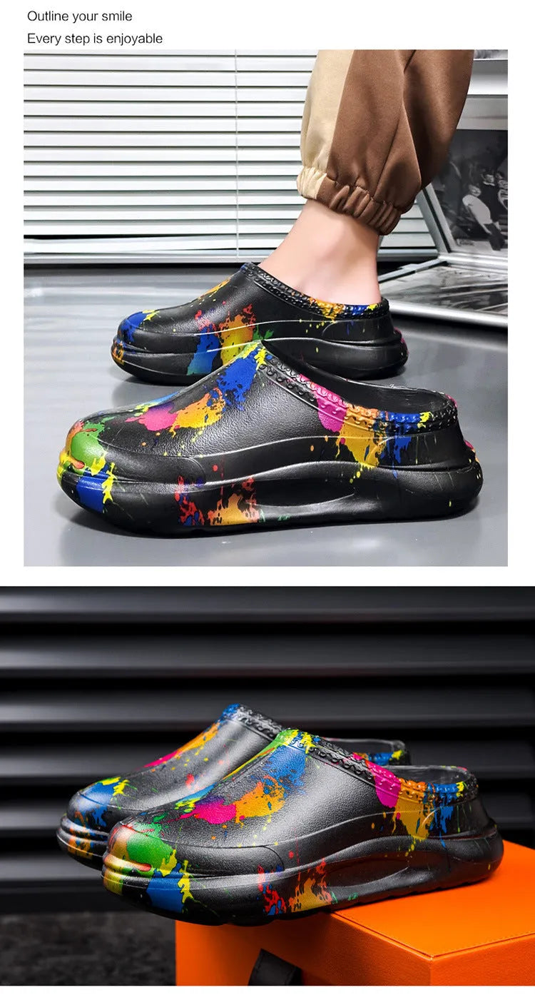 Men's black platform pump work shoes with a toe cap and textured EVA sole on a white background