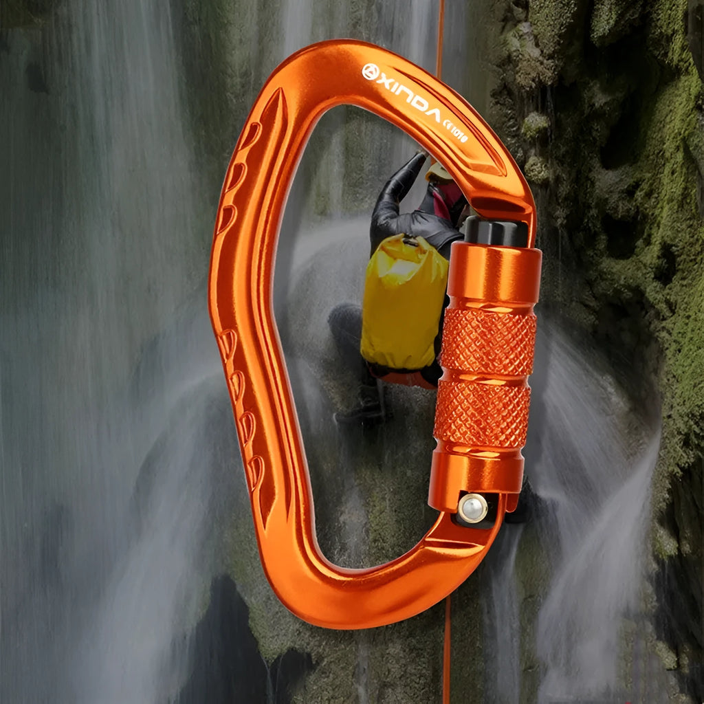 Climbing carabiner with automatic master lock in metal construction, available in multiple colours