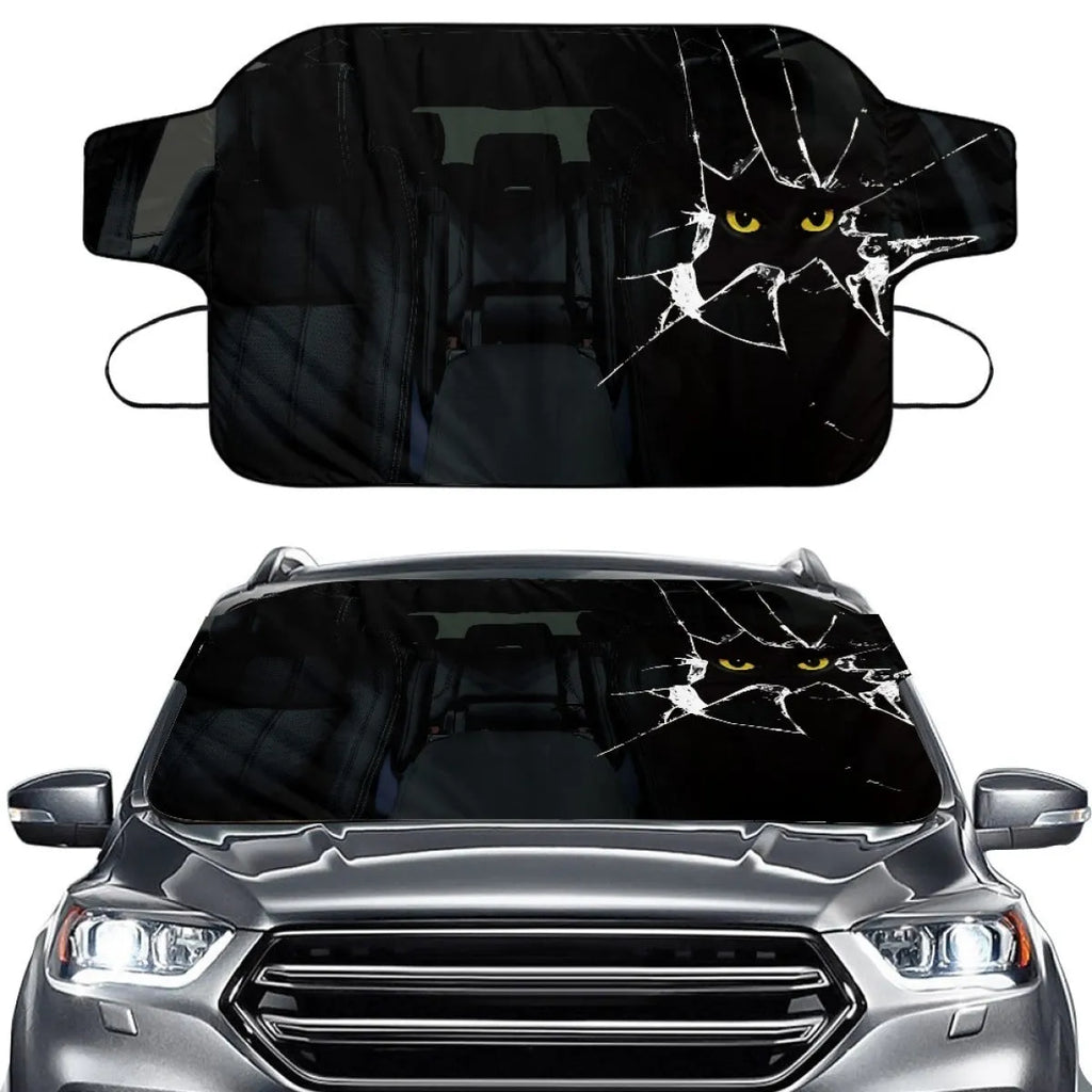 Car front snow protection cover made from silver aluminium foam polyester fabric with black lanyard installation system
