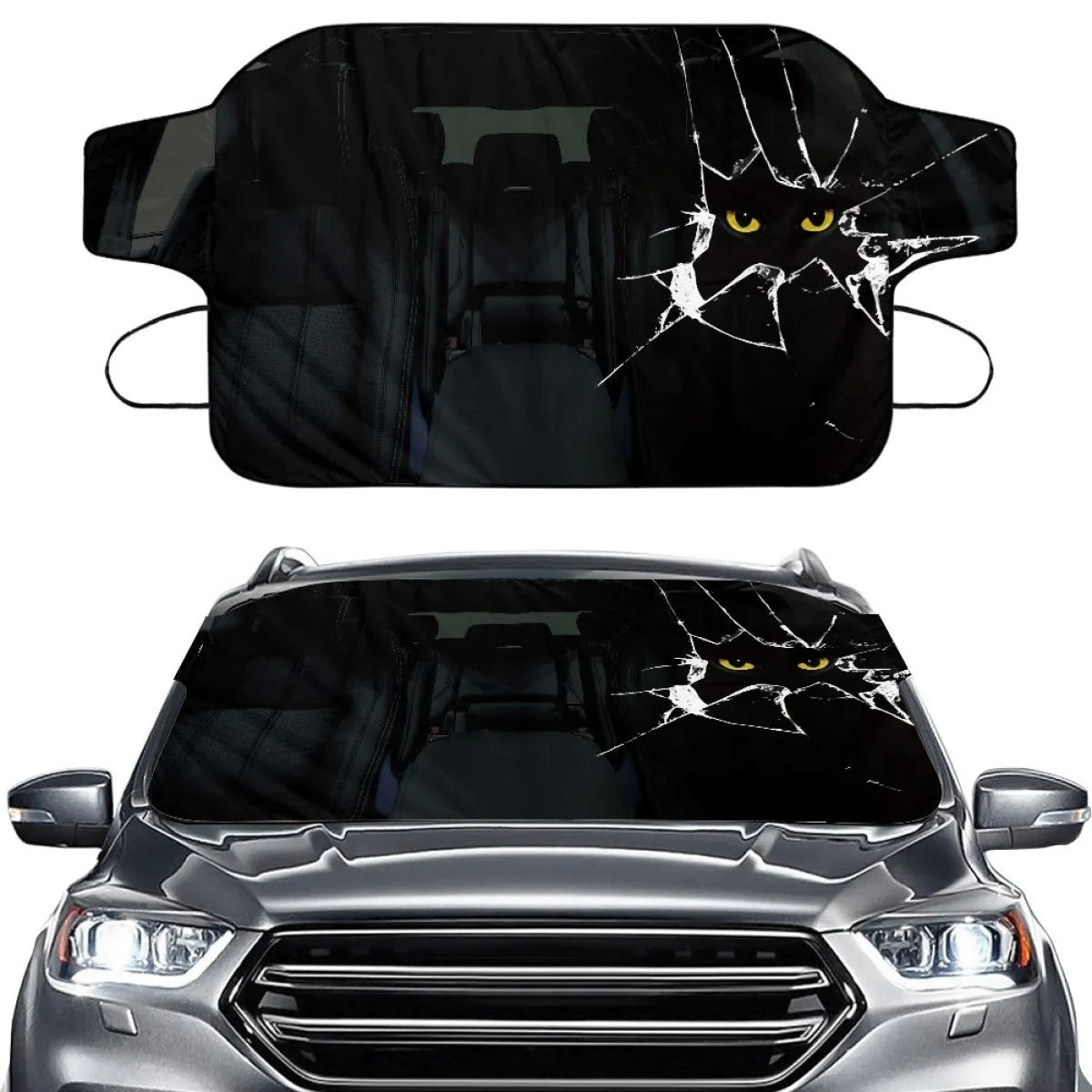 Car front snow protection cover made from silver aluminium foam polyester fabric with black lanyard installation system