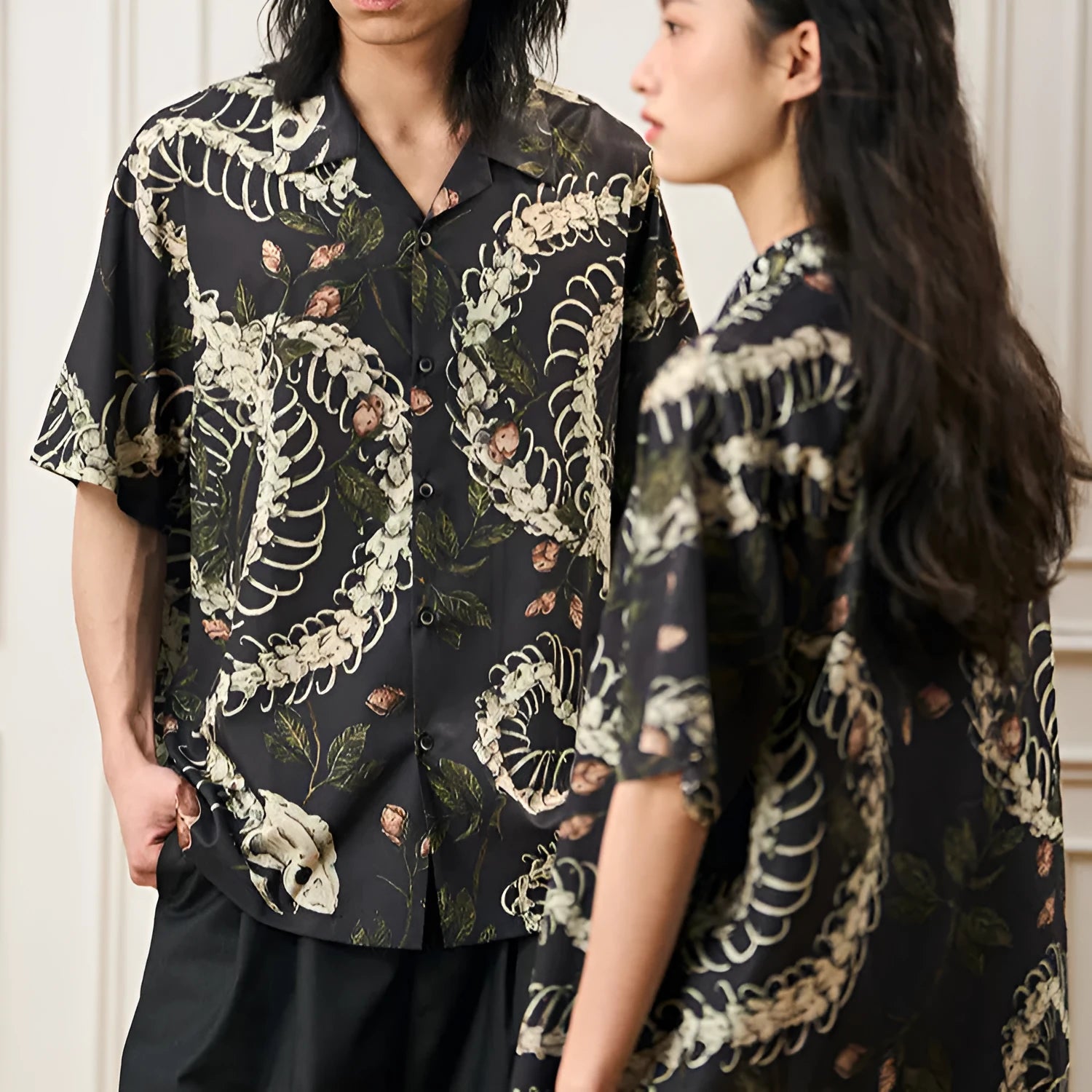 Men's short sleeve Cuban collar shirt with snake bone floral pattern printed design in colourful loose fit option