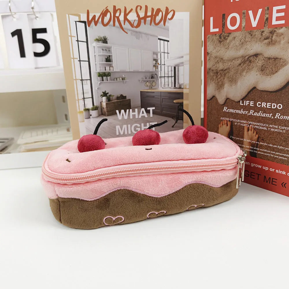 Cherry Cake plush design velvet pencil case with a zip closure.