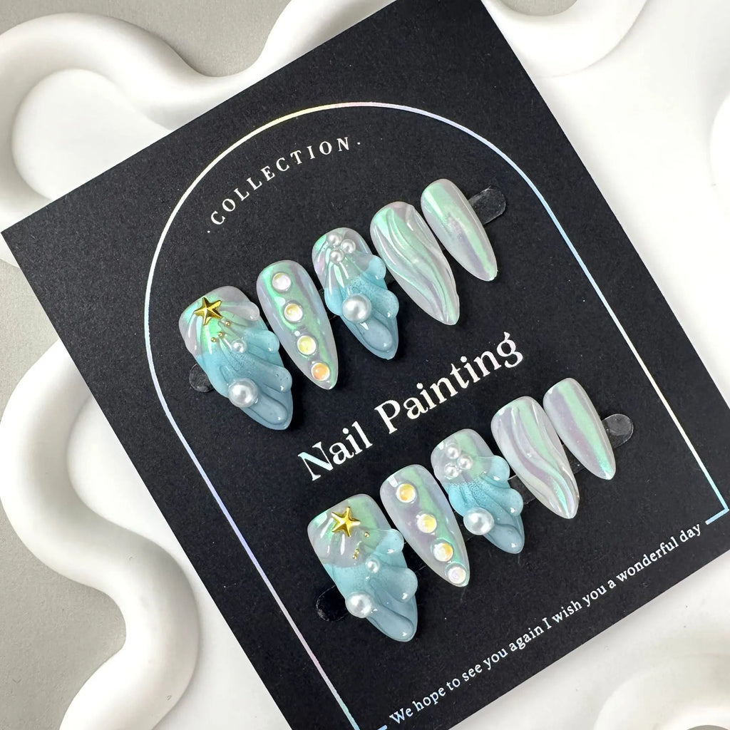 HAILANG blue plastic shell nail sticker set in sizes XS, S, M, L on a white background.