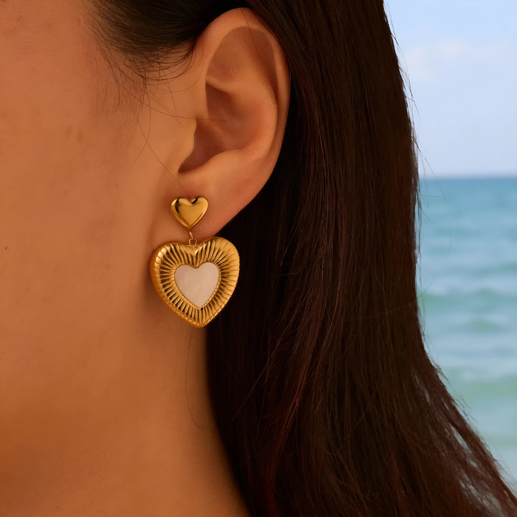 Gold electroplated stainless steel heart earrings with white fritillary pattern