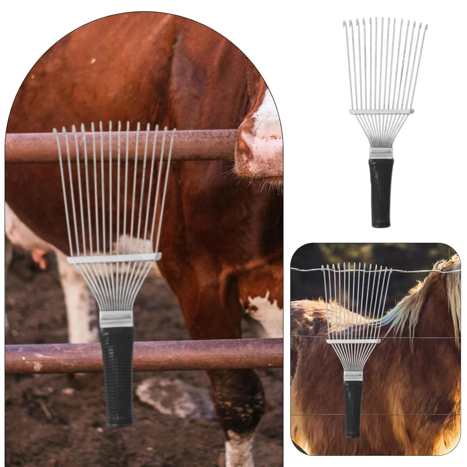 Stainless steel dematting brush rake for grooming horses and pets on a wooden surface.
