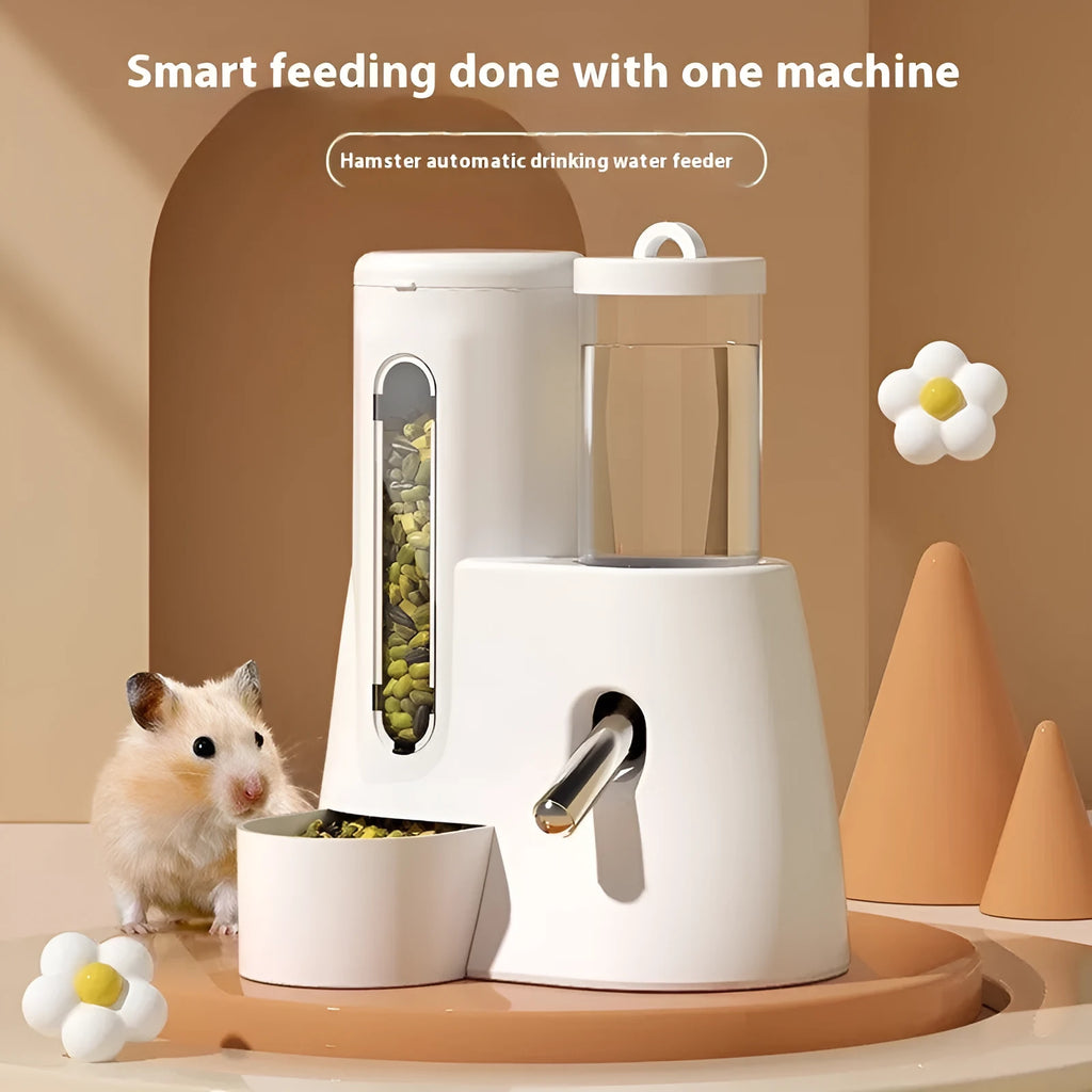 Hamster automatic drinking water feeder with integrated food basin in plastic construction