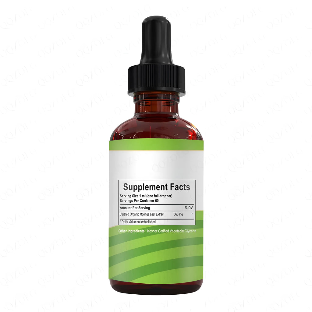 60ml bottle of certified organic Moringa leaf extract drops with dropper, deep green-brown liquid