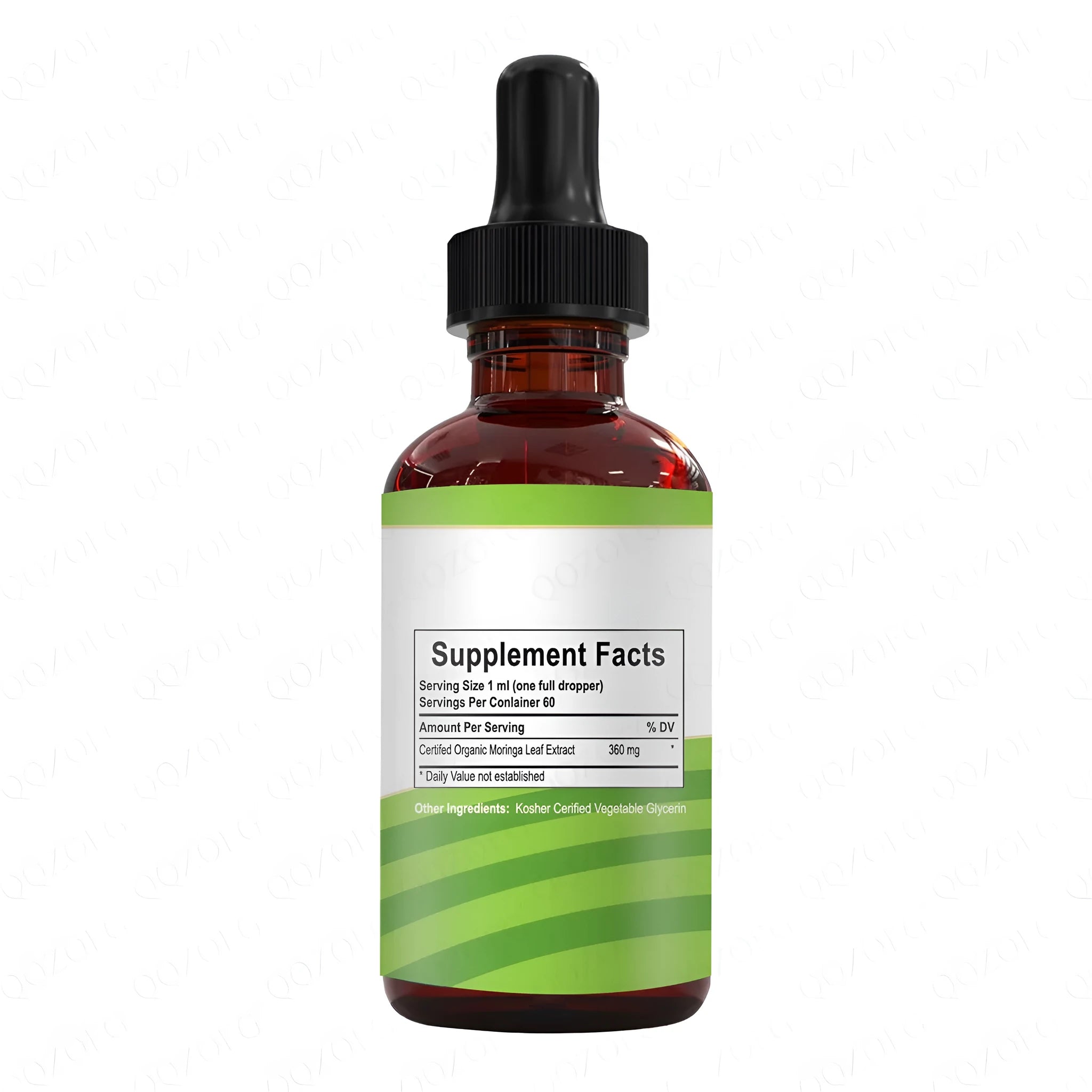 60ml bottle of certified organic Moringa leaf extract drops with dropper, deep green-brown liquid
