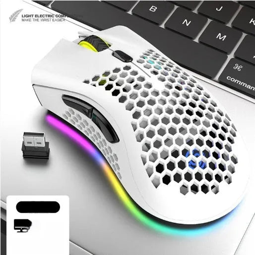 BM600 hollow-out luminous wireless gaming mouse in cyan, black, or white on a desktop.