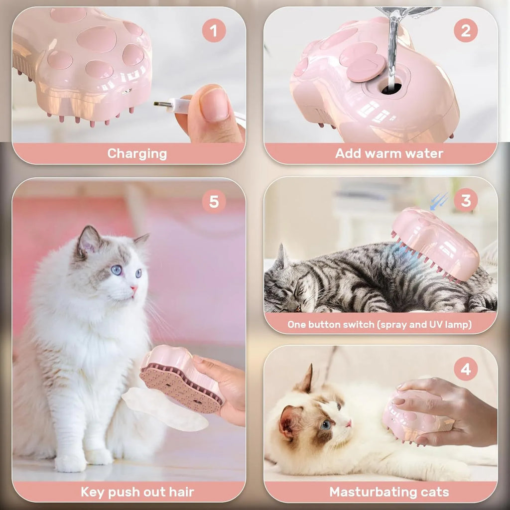 Blue self-cleaning silicone cat steam brush with release button for pet grooming