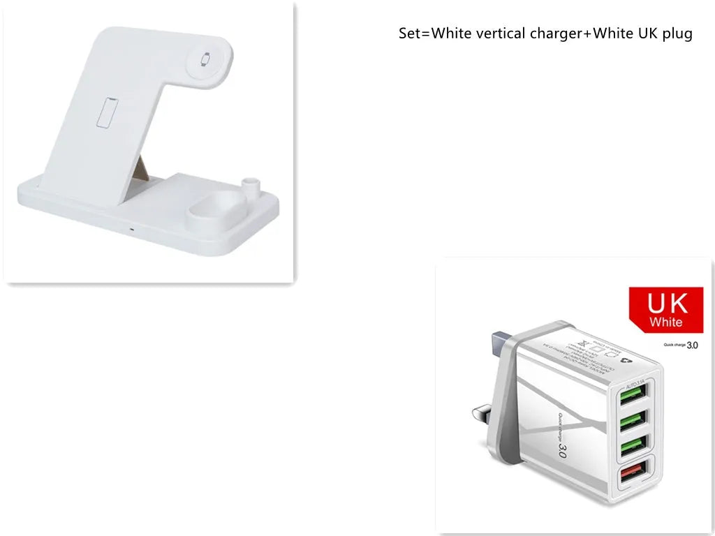 Foldable 4-in-1 wireless charging station for iPhone, Apple Watch, AirPods and Apple Pencil on a desk