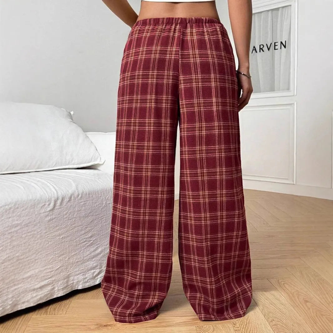 Women's casual loose fit trousers with drawstring waist and plaid pattern in red colour