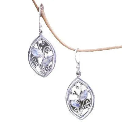 Silver leaf-shaped earrings with embedded colourful moonstone stones, European design