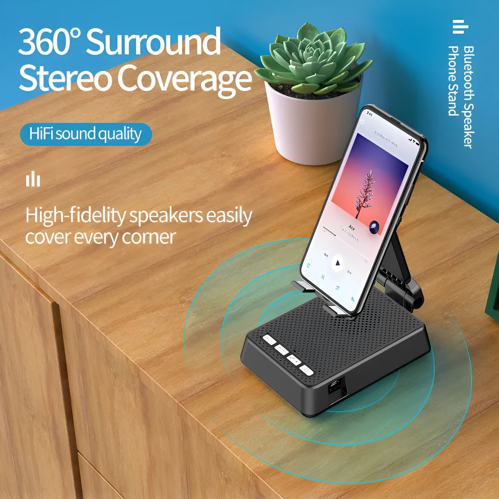 Black mobile phone broadcaster stand with Bluetooth speaker and microphone on a desk