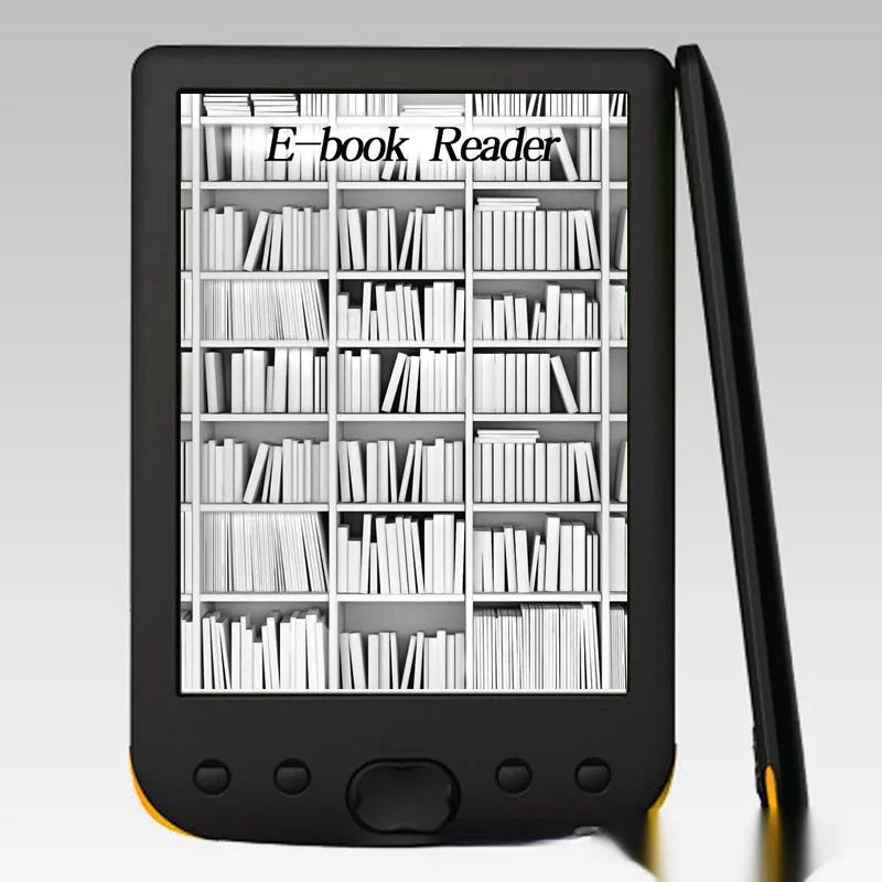 Black 6-inch E-ink screen e-book reader showing book page display