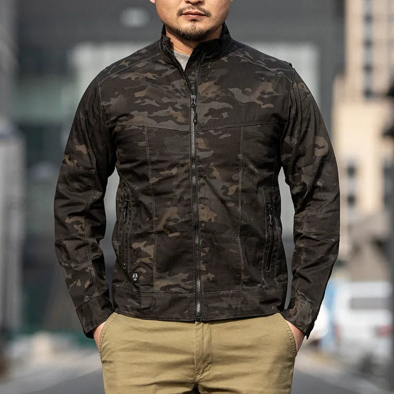 Men's tactical camouflage coat made from wear-resistant polyester with multiple pockets.
