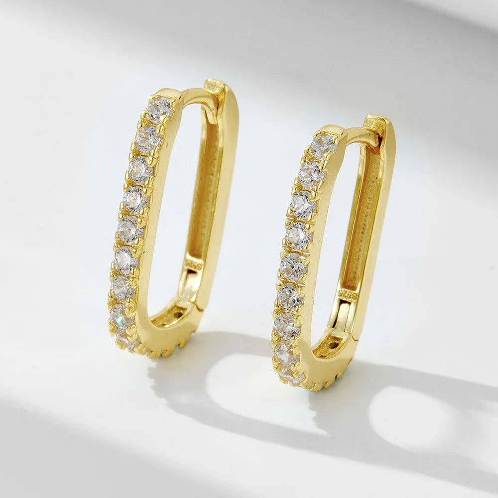 S925 sterling silver oval zircon earrings with geometric quadrilateral design