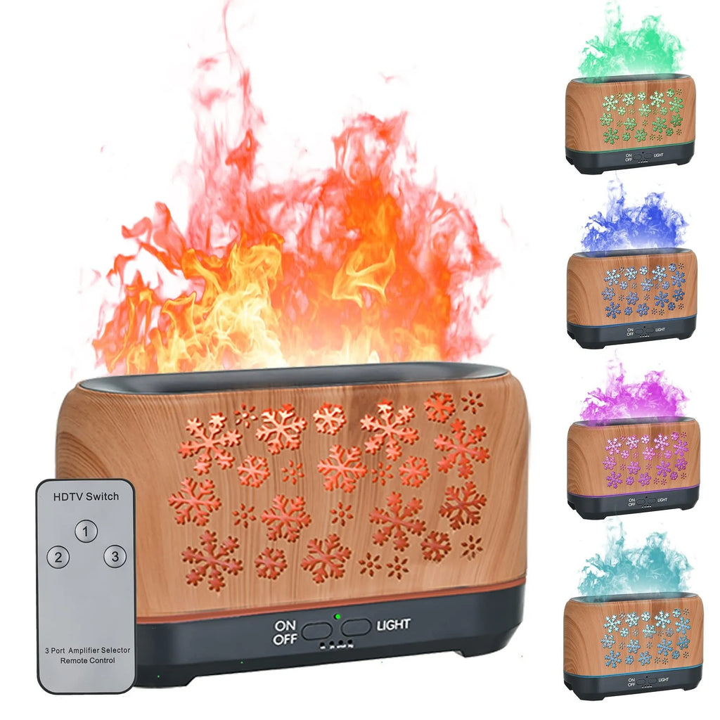 Wood grain snowflake pattern humidifier with colourful flame mist effect on desktop