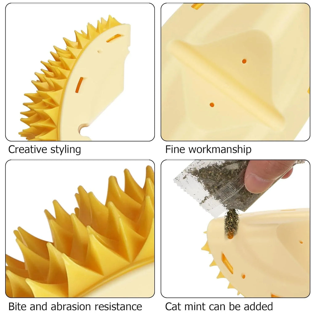 Yellow durian-shaped cat corner scratcher mounted on a wall with adhesive, includes catnip powder.
