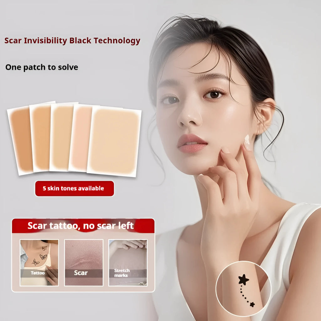 Tattoo cover patch and a thin 130mm long concealer brush for precise application, with six colour options displayed.