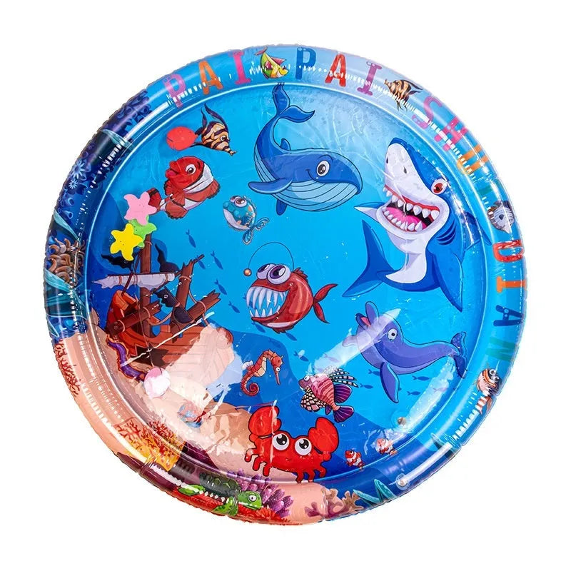 Inflatable PVC water cooling bed for pets, showing dolphin design on a blue background.
