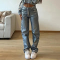 Washed blue high waist straight leg jeans with contrast stitching detail