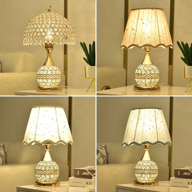 Gold crystal desk lamp on bedside table with remote control, 29x29x30cm iron art base