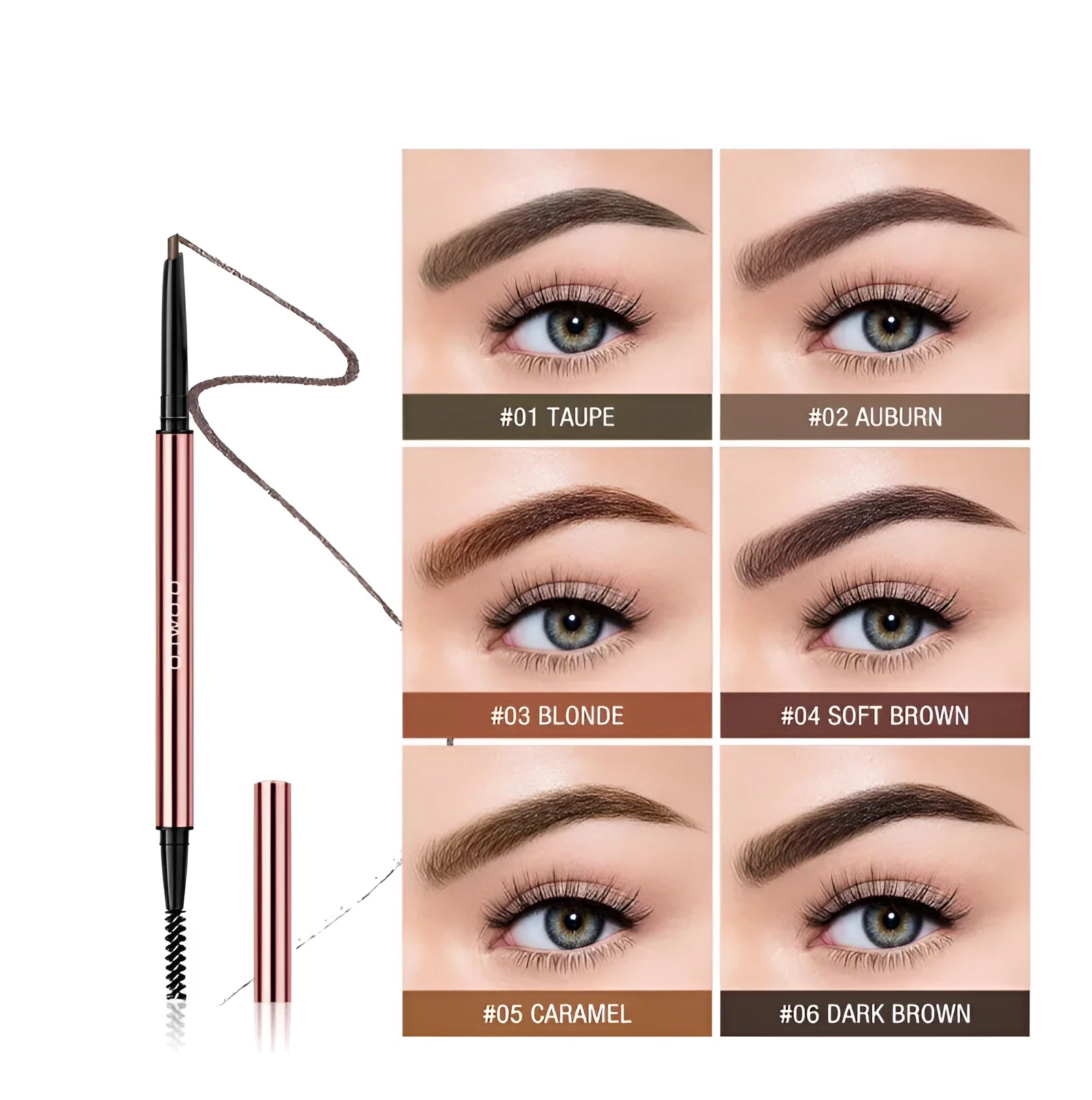 Eyebrow make-up pencil in slim 15.5cm design with six natural colour shade options