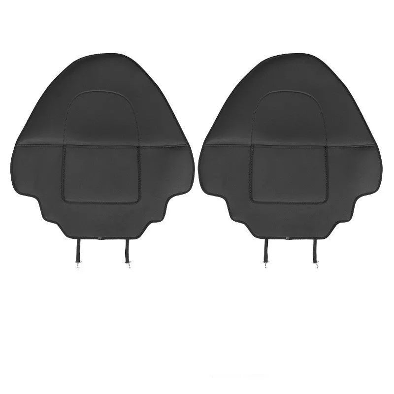 Black leather car seat kick pad measuring 68cm by 42cm, shown as a rear seat protector.