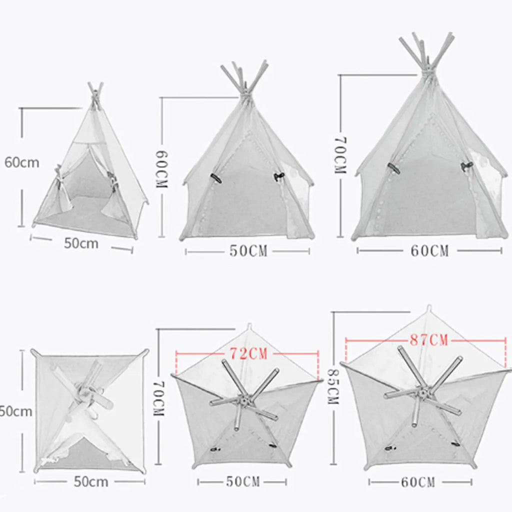 Striped flax and linen pet teepee tent with removable cushion for small dogs or cats